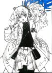  1girl a.i._voice adachi_rei bai_xu15531 belt belt_pouch commentary cowboy_shot gloves greyscale hands_up highres jacket long_hair long_sleeves looking_at_viewer monochrome open_clothes open_jacket open_mouth pleated_shorts pouch shorts simple_background solo spot_color traditional_media untranslatable_commentary utau 
