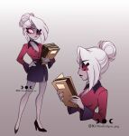 1girl artist_logo artist_name bare_legs breasts choker closed_mouth collarbone colored_sclera colored_skin commentary english_commentary eyelashes full_body grey_skin hair_bun hair_up hazbin_hotel hellaverse high_heels highres holding holding_file large_breasts logo long_sleeves miniskirt mseclipsa narrow_waist office_lady pencil_skirt pink_sclera red_shirt shirt side_slit simple_background skirt slim_legs vaggie white_hair 