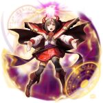  1girl artist_request black_thighhighs black_trim boots brown_hair capelet charm_(object) commentary demon_horns english_commentary floating frilled_skirt frills full_body game_asset gold_trim grand_summoners hood hooded_capelet horns jewelry knee_boots knee_up legs_apart leone_(grand_summoners) long_sleeves magic magic_circle necklace official_art open_mouth outstretched_arms pouch purple_trim red_boots red_capelet red_eyes red_skirt simple_background skirt solo standing thighhighs third-party_source transparent_background witch 
