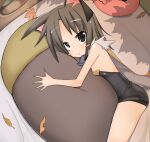  1girl alchemist_(ragnarok_online) animal_ears autumn black_dress black_eyes blush brown_cape brown_hair cape cat_ears cat_girl closed_mouth commentary_request cowboy_shot dress looking_at_viewer lying medium_hair morino_donguri on_side poring ragnarok_online smile solo strapless strapless_dress stuffed_acorn 