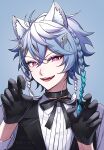  1boy absurdres alternate_costume animal_ears black_gloves braid cat_boy cat_ears collar gloves hair_ornament hairclip highres holostars holostars_english male_focus nekocha_dao octavio pink_eyes ribbon shirt vest virtual_youtuber waistcoat white_hair white_shirt 
