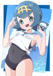  1girl bare_shoulders black_one-piece_swimsuit blue_eyes blue_hair blue_sailor_collar blush breasts commentary_request covered_navel dive_ball hairband highres holding holding_poke_ball lana_(pokemon) looking_at_viewer one-piece_swimsuit open_mouth poke_ball pokemon pokemon_sun_and_moon rono_(lethys) sailor_collar shirt short_hair sleeveless sleeveless_shirt small_breasts smile solo swimsuit swimsuit_under_clothes white_shirt yellow_hairband 