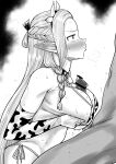  1boy 1girl absurdres alternate_breast_size_(larger) animal_collar animal_ear_hairband animal_ears animal_print bar_censor bell bikini blush braid braided_sidelocks breasts breasts_squeezed_together censored collar commentary_request cow_ear_hairband cow_ears cow_horns cow_print cow_print_bikini cow_print_gloves cowbell dungeon_meshi elbow_gloves elf erection fake_animal_ears fake_horns from_side gloves greyscale hair_ribbon hairband half_up_half_down_braid hetero highres horn_hairband horns jitome kaiman_garupan large_breasts long_hair looking_at_another marcille_donato monochrome neck_bell paizuri paizuri_under_clothes parted_bangs penis pointy_ears print_bikini print_gloves puckered_lips ribbon side-tie_bikini_bottom sidelocks string_bikini sweat swimsuit very_long_hair white_background 