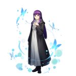  1girl artist_request black_boots black_coat blue_butterfly blunt_bangs boots bug butterfly coat commentary dress english_commentary expressionless fern_(sousou_no_frieren) full_body game_asset grand_summoners hand_up long_hair long_sleeves looking_at_viewer official_art open_clothes open_coat purple_eyes purple_hair solo sousou_no_frieren standing third-party_source transparent_background white_dress 