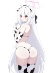  1girl absurdres alternate_costume animal_ear_hairband animal_ears animal_print ass bare_back bare_shoulders bikini blue_archive blush cawl closed_mouth commentary cow_ear_hairband cow_ears cow_horns cow_print cow_print_bikini cow_print_gloves cow_print_thighhighs elbow_gloves english_commentary fake_animal_ears flat_chest from_behind gloves hair_between_eyes hairband half_updo halo highleg highleg_bikini highres horns kei_(blue_archive) kei_(student)_(blue_archive) long_hair long_hair_between_eyes looking_at_viewer pink_eyes pink_halo print_bikini print_gloves print_thighhighs solo string_bikini sweatdrop swimsuit thighhighs thong thong_bikini very_long_hair white_hair 