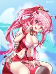  1girl animal_ears bell bemani bikini breasts can commentary_request cow_ears cow_girl cow_tail cowbell high_ponytail highres holding holding_can igo_(igo150) large_breasts long_hair looking_at_viewer midriff navel pink_eyes pink_hair ponytail race_queen rasis rasis_(you_are_my_best_rival!!) smile solo sound_voltex swimsuit tail very_long_hair visor_cap white_bikini wings 