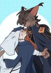  1boy 1girl animal_ears blue_eyes blue_hanfu blue_hat brown_hair cat cat_boy cat_ears cat_girl cat_tail chinese_clothes chinese_commentary colorpoint_(pattern) commentary_request couple dress ear_tufts epaulettes eye_contact furry furry_female furry_male furry_with_furry hanfu hat height_difference hetero highres holding_hands long_hair looking_at_another low_ponytail open_mouth orange_eyes pawpads personification ponytail sasha_(warrior_cats) scar scar_on_face scar_on_nose siamese_cat size_difference smile sweatdrop tail the_prophecies_begin tigerstar veil warrior_cats wending_fahui white_dress 