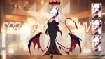  1girl absurdres black_dress black_gloves black_pantyhose black_shoes blue_archive bow breasts character_name cleavage commentary_request demon_girl demon_horns demon_tail demon_wings dress earrings elbow_gloves evening_gown full_body gloves hair_between_eyes hair_bow hair_ribbon halo high_heels highres horns jewelry large_breasts long_dress long_hair looking_at_viewer multicolored_halo multiple_expressions original pantyhose pointy_ears ponytail red_eyes red_halo ribbon shoes side_slit sidelocks simple_background sleeveless sleeveless_dress solo standing sun_(treeplanting) tail teardrop_earrings treeplanting two-tone_halo white_hair wings 
