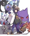  1girl banette belt belt_buckle black_dress black_shoes bob_cut buckle chandelure closed_mouth coat commentary_request dress froslass full_body gengar gloves gourgeist gwynn_(pokemon) hat highres holding holding_poke_ball long_sleeves looking_at_viewer mega_stone momot1130 nest_ball o-ring o-ring_belt open_clothes open_coat pantyhose poke_ball pokemon pokemon_(creature) pokemon_legends:_z-a purple_eyes purple_gloves purple_hair purple_pantyhose shoes standing white_background white_coat wide_sleeves 