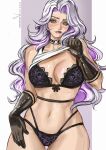  1girl artist_name biting_own_lip black_choker blush breasts choker collar commentary elbow_gloves english_commentary felicia_hardy garter_straps gloves green_eyes highres large_breasts lifting_own_clothes lingerie long_hair looking_at_viewer marvel marvel_rivals mole navel solo spider-man_(series) tank_top underwear whails white_hair white_tank_top 