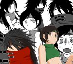  1boy 1girl bare_shoulders black_hair breasts brown_eyes cloak crop_top final_fantasy final_fantasy_vii furrowed_brow green_headband headband highres long_hair loose_socks medium_breasts midriff multiple_expressions multiple_views navel red_cloak red_eyes red_headband ribbed_shirt s_m_man shirt short_hair short_shorts shorts sleeveless sleeveless_shirt socks sweatdrop upper_body vincent_valentine white_background yuffie_kisaragi 
