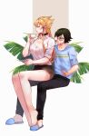  1boy 1girl black_choker black_hair black_pants black_shorts blonde_hair blue_shirt breasts carly_nagisa choker cleavage coke-bottle_glasses commentary cup english_commentary fully_genderswapped_group genderswap genderswap_(ftm) genderswap_(mtf) glasses hetero highres jack_atlas long_hair nomae.jie pants shirt shorts sitting sitting_on_lap sitting_on_person slippers teacup white_shirt yu-gi-oh! yu-gi-oh!_5d's 