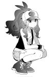  1girl bare_shoulders closed_mouth commentary english_commentary full_body greyscale hat high_ponytail highres hilda_(pokemon) long_hair looking_at_viewer monochrome pokemon pokemon_black_and_white ponytail shirt shocho_(shaojiujiu) shoes shorts sleeveless sleeveless_shirt sneakers solo squatting vest wristband 