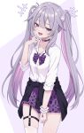  1girl :d absurdres black_cardigan black_choker bow bowtie breasts cardigan cardigan_around_waist castellayaki chest_jewel choker clothes_around_waist collared_shirt colored_inner_hair commentary cowboy_shot english_commentary gem gradient_hair grey_hair hair_bow hand_jewel hand_up heart heart_o-ring highres hololive hololive_english jewel_under_eye koseki_bijou long_hair looking_at_viewer multicolored_hair o-ring o-ring_choker o-ring_thigh_strap open_mouth pink_hair plaid_bow plaid_bowtie plaid_clothes plaid_skirt pleated_skirt purple_bow purple_bowtie purple_eyes purple_gem purple_hair purple_skirt school_uniform scrunchie shirt shirt_tucked_in simple_background single_thighhigh skirt small_breasts smile solo standing thigh_strap thighhighs twintails very_long_hair virtual_youtuber white_bow white_shirt white_thighhighs wrist_scrunchie 