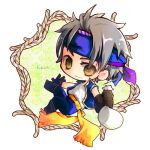  1boy black_gloves blue_headband blue_pants blue_vest boots brown_eyes character_name chibi chibi_only closed_mouth commentary_request final_fantasy final_fantasy_vi full_body gloves grey_hair headband holding holding_sack kh_524 light_smile locke_cole male_focus pants parted_bangs rope sack sash shirt short_hair solo vest waist_sash white_shirt yellow_sash 