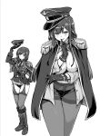  1girl arm_up belt blush boots breasts cape cape_hold capelet collared_cape commentary_request epaulettes finger_to_mouth garter_straps gloves greyscale hair_ornament hand_on_own_hip hand_up hat highres holding holding_unworn_clothes holding_unworn_hat jacket kiyama_satoshi knee_boots lapels large_breasts lingerie long_hair long_sidelocks looking_at_viewer medal medium_hair military_dress_uniform military_uniform monochrome multiple_views necktie nijisanji nipples no_pants open_clothes open_shirt panties panties_under_pantyhose pantyhose parted_lips peaked_cap shizuka_rin shizuka_rin_(military) shushing sidelocks sideways_hat simple_background smile standing star_(symbol) star_hair_ornament sweaty_breasts thighband_pantyhose thighhighs underwear unworn_hat unworn_headwear virtual_youtuber 