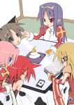  5girls alchemist_(ragnarok_online) animal_ears assassin_cross_(ragnarok_online) blonde_hair blue_eyes book breasts brown_hair card cat_ears cat_girl closed_eyes commentary_request cone_horns cross cross_necklace dress fake_horns feeding food fruit glasses high_priest_(ragnarok_online) horns indoors jewelry juliet_sleeves kashiwa_mochi_(food) kotatsu long_hair long_sleeves mandarin_orange medium_breasts mochi morino_donguri multiple_girls necklace open_book open_mouth orange_(fruit) pink_hair playing_card pointy_ears professor_(ragnarok_online) puffy_sleeves purple_hair ragnarok_online reading red-framed_eyewear red_dress red_eyes short_hair table two-tone_dress white_dress 