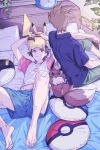  2girls 3girls 88_(einnimnech) bandaid bandaid_on_knee bandaid_on_leg baseball_cap black_shirt blue_oak blue_shorts brown_eyes brown_hair commentary_request eevee great_ball green_pants hat highres lab_coat lying male_focus midriff multiple_boys multiple_girls on_back on_bed open_mouth pants pikachu pillow plant poke_ball poke_ball_(basic) pokemon pokemon_(creature) pokemon_sun_and_moon potted_plant professor_oak red_(pokemon) rotom rotom_phone shirt short_hair shorts sitting smile spiked_hair ultra_ball white_shirt 