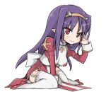  1girl back_bow blush bow breasts closed_mouth commentary_request cone_horns cross dress fake_horns full_body garter_straps grey_horns high_priest_(ragnarok_online) horns juliet_sleeves long_hair long_sleeves looking_at_viewer lowres medium_breasts morino_donguri pointy_ears puffy_sleeves purple_hair ragnarok_online red_dress red_eyes red_shoes sash shoes simple_background smile solo thighhighs transparent_background two-tone_dress white_bow white_dress white_sash white_thighhighs 