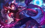  ahri alternate_costume animal_ears armor black_legwear boots breasts challenger_ahri claws duto ears_through_headwear eyeshadow facial_mark fox_ears fox_tail from_side full_body full_moon gem glowing greaves helmet high_heel_boots high_heels knee_boots league_of_legends leg_hug leg_up light_particles lips long_hair looking_at_viewer makeup medium_breasts moon night pantyhose pauldrons profile sideboob slit_pupils smile solo tail thighlet vambraces whisker_markings white_hair 