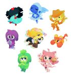  2others 3boys 3girls 7_colored_flowers_(deltarune) absurdres angel_wings angry animal_ears aqua_(deltarune) bell black_hair blonde_hair blue_(deltarune) blue_dress blue_hair blue_skin book boots boxing_gloves brown_pants cat_ears cat_tail chef_hat chibi chibi_only closed_eyes closed_mouth colored_skin commentary cowboy_boots cowboy_hat deltarune dress english_commentary english_text flowery_(deltarune) furry furry_female green_(deltarune) green_hair green_skin gun hat headband heart highres holding holding_book holding_gun holding_unworn_clothes holding_unworn_jacket holding_weapon index_fingers_together jacket jingle_bell looking_at_viewer mad_mew_mew magical_girl minty_chu mouse_ears mouse_tail multicolored_vest multiple_boys multiple_girls multiple_others one_eye_closed open_mouth orange_(deltarune) pants pink_dress pink_hair purple_hair purple_skin revolver round_eyewear seth_(deltarune) shirt skirt smile speech_bubble spoken_heart tail tutu twintails unworn_jacket utdr_(toby_fox) weapon white_background white_shirt wings yellow_(deltarune) yellow_skirt 