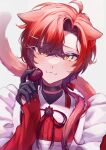  1boy absurdres alternate_costume animal_ears apron black_gloves blush cat_boy cat_ears cat_tail collar commentary_request gloves highres holostars holostars_english looking_at_viewer machina_x_flayon machiroon_(machina_x_flayon) maid male_focus nekocha_dao red_hair red_sweater sweater tail upper_body virtual_youtuber white_apron 