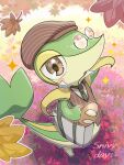  autumn_leaves black_necktie bread brown_eyes brown_hat clothed_pokemon commentary_request food hat highres leaf looking_at_viewer necktie no_humans nostrils pince-nez pokemon pokemon_(creature) pokemon_cafe_remix runachikku shirt snivy snivy_(picnic) solo sparkle white_shirt 