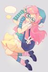  1girl angel_bunny animal animification aqua_belt aqua_eyes aqua_gloves aqua_hat bag beanie belt black_bag black_shoes blush blush_stickers breasts butterfly-shaped_pupils butterfly_hair_ornament chun_yiyuan commentary elbow_gloves fashion fingerless_gloves fluttershy frilled_skirt frills full_body glasses gloves grey_background hair_ornament halftone halftone_background handbag hands_up hat highres hipster in_bag in_container jumping loafers long_hair looking_at_viewer loose_socks my_little_pony my_little_pony:_friendship_is_magic open_mouth personification pet petite pink_hair polka_dot polka_dot_shirt rabbit round_eyewear shirt shoes short_sleeves shoulder_bag single_blush_sticker skirt small_breasts socks solo speech_bubble striped_clothes striped_gloves symbol-shaped_pupils turtleneck turtleneck_shirt twee_fashion uneven_eyes untranslatable_commentary very_long_hair white_shirt white_socks yellow_skirt 