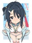  1girl arknights artist_name bare_shoulders belt between_breasts bikini bird_girl black_eyes black_hair breasts buckle chinese_commentary commentary_request feather_hair feet_out_of_frame frilled_bikini frills from_above goggles goggles_around_neck hair_bun hair_ornament highres id_card jacket jacket_over_swimsuit jacket_partially_removed la_pluma_(arknights) la_pluma_(summer_flowers)_(arknights) lane_line lanyard looking_at_viewer medium_breasts navel off_shoulder official_alternate_costume pool redash short_hair side_up_bun single_side_bun sleeves_past_wrists snap-fit_buckle solo strap_between_breasts swimsuit thigh_belt thigh_strap variant_set white_bikini windbreaker wing_hair_ornament 