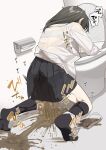  1girl black_hair black_skirt black_socks bra bra_visible_through_clothes commentary_request defecating defecating_self diarrhea from_behind full_body highres kneehighs kneeling long_hair long_sleeves menoria original panties panties_around_one_leg pleated_skirt scat shirt skirt socks solo toilet toilet_paper underwear vomit vomiting wet wet_clothes wet_shirt white_bra white_panties white_shirt 