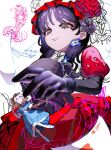  2girls alice_deross alice_deross_(alice_in_dreamland) black_flower black_gloves black_hair blonde_hair blue_eyes blue_flower commentary_request dress dual_persona evil_smile fishnet_sleeves fishnets flower gloves highres identity_v ja2q40 memory_(identity_v) memory_(miss_pomegranate_plate)_(identity_v) mini_person multiple_girls partially_colored puffy_sleeves red_dress red_flower red_lips red_rose rose smile 