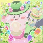  absurdres black_eyes chansey chansey_(colorful_egg) closed_mouth commentary_request easter easter_egg egg flower green_hat hat highres holding holding_egg no_humans open_mouth pokemon pokemon_(creature) pokemon_cafe_remix runachikku starly starly_(egg_basket) white_flower 