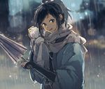  blue_eyes blurry bokeh closed_umbrella depth_of_field haori high_ponytail japanese_clothes looking_at_viewer male_focus nuriko-kun open_mouth oriental_umbrella pom_pom_(clothes) rain scarf shinsengumi solo touken_ranbu umbrella white_scarf yamato-no-kami_yasusada 