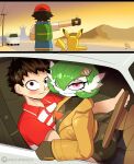  1girl 2boys :3 arzyparzy ash_ketchum ass black_suit breasts brown_coat coat colored_skin commentary cosplay driving emma_(pokemon) emma_(pokemon)_(cosplay) english_commentary gardevoir green_hair half-closed_eyes highres huge_ass large_breasts light_blush long_eyelashes looking_at_viewer motor_vehicle multiple_boys naughty_face pikachu pokemon pokemon_(anime) pokemon_journeys pokemon_legends:_z-a poketoon purple_eyes red_eyes sitting sitting_on_person steering_wheel suit vehicle_interior white_skin wide_hips yugo_(pokemon) 