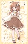  1girl :d absurdres animal_ear_fluff animal_ears animal_on_head bell black_bow black_ribbon blunt_bangs blush_stickers border bow breasts brown_eyes brown_hair brown_shoes brown_skirt calico_(pattern) cat cat_ears cat_girl cat_on_head cat_tail center_frills collared_shirt commentary_request eighth_note english_text flower frilled_skirt frilled_sleeves frills full_body grid_background hair_bow hair_flower hair_ornament halftone hand_up heart highres knees_together_feet_apart long_sleeves medium_hair medium_skirt mike_mochi multiple_hair_bows musical_note neck_bell neck_ribbon no_socks on_head open_mouth original ribbon shirt shirt_tucked_in shoes sidelocks single_paw_pose skirt sleeves_past_fingers sleeves_past_wrists small_breasts smile solo spoken_musical_note tail white_flower white_shirt wide_sleeves yellow_border 