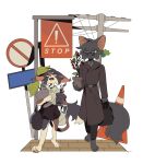  1boy 1girl absurdres age_difference aged_down animal_ears annoyed bag belt black_bag black_belt black_fur black_pants black_shoes buttons calico_(pattern) cat_boy cat_ears cat_girl cat_tail chinese_commentary coat collared_shirt commentary_request double-breasted ear_tufts fangs full_body furry furry_female furry_male green_eyes hair_ornament height_difference highres holding holding_bag holding_plant holly holly_hair_ornament hollyleaf leaf looking_at_another name_connection object_namesake one_eye_closed open_mouth pants pawpads personification plant potted_plant power_of_three purple_coat shirt shoes sign simple_background sol_(warrior_cats) standing sunglasses sweat tail textless_version traffic_cone utility_pole variant_set walking warrior_cats wending_fahui white_background white_shirt yellow_eyes 