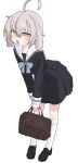  1girl absurdres ahoge animal_ears bag black_shirt black_shoes black_skirt bow bowtie brown_bag commentary_request densi_ronto dog_ears dog_girl fang grey_bow grey_bowtie grey_hair highres holding holding_bag kneehighs leaning_forward loafers long_sleeves looking_at_viewer open_mouth original sailor_collar school_uniform shirt shoes short_hair simple_background skin_fang skirt socks solo standing white_background white_sailor_collar white_socks yellow_eyes 