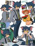  2boys animal_ears armchair artist_name belt black_shoes black_shorts blue_hair bow bowtie buck_teeth cat_boy cat_ears cat_tail chair colored_sclera commentary denim eating english_commentary fangs full_body gobbsy_art green_eyes grimace highres holding holding_newspaper jeans jerry_(tom_and_jerry) looking_at_viewer male_focus mary_janes meme mouse_boy mouse_ears mouse_tail multiple_boys multiple_views necktie newspaper on_chair pants personification red_bow red_bowtie reference_inset shoes shorts simple_background sitting socks suspenders sweater tail teeth tom_(tom_and_jerry) tom_and_jerry tom_reading_the_newspaper_(meme) white_background white_socks wing_collar yellow_sclera yellow_sweater 
