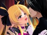  1boy 1girl black_hair blonde_hair blue_eyes blush bow choker elf game_asset genderswap genderswap_(mtf) gloves hair_bow hair_ribbon hetero himekishi_olivia long_hair nakano_sora non-web_source official_art open_mouth pointy_ears ribbon saliva saliva_trail self-datamine tier_(himekishi_olivia) tongue tongue_out twintails variant_set visual_novel_cg white_gloves 