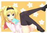  1girl black_hairband black_shoes black_thighhighs blonde_hair blue_eyes blush book border chitose_sana closed_mouth commentary_request double_bun eyes_visible_through_hair full_body hair_between_eyes hair_bun hair_intakes hairband holding holding_book knees_together_feet_apart knees_up legs long_hair looking_at_viewer lying mary_janes miniskirt on_back open_book orange_background outside_border pink_serafuku pink_shirt pink_skirt pleated_skirt red_sailor_collar sailor_collar sakaki_asuka school_uniform serafuku shirt shoes sidelocks simple_background skirt sleeves_past_wrists smile solo tenshinranman thighhighs thighs two_side_up white_border 