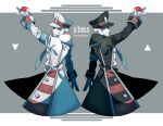  2boys absurdres back-to-back black_coat black_hat blue_necktie brothers coat commentary_request emmet_(pokemon) gloves grey_background grey_eyes grey_hair hat highres holding holding_poke_ball ingo_(pokemon) looking_at_viewer male_focus multiple_boys nankanokakera necktie poke_ball poke_ball_(basic) pokemon pokemon_black_and_white siblings smile twins twitter_username white_coat white_gloves white_hat 