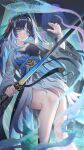 1girl ahoge black_dress black_hair black_sleeves blue_dress blue_eyes blue_hair breasts chinese_commentary closed_mouth colored_inner_hair commentary_request detached_sleeves dress facial_mark feet_out_of_frame fingernails forehead_mark highres holding holding_sword holding_weapon large_breasts legs long_hair long_sleeves looking_at_viewer multicolored_dress multicolored_hair solo sword tacet_mark_(wuthering_waves) weapon white_dress white_hair white_sleeves wide_sleeves wuthering_waves xian_shui_chang_chong yangyang_(wuthering_waves) yangyang_(xuanling)_(wuthering_waves) 