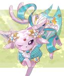  blush clothed_pokemon commentary_request dress espeon espeon_(dryad) forehead_jewel highres looking_at_viewer muunonoe no_humans one_eye_closed pokemon pokemon_(creature) pokemon_focus pokemon_unite purple_eyes solo twitter_username 