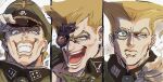  1boy adjusting_clothes adjusting_headwear battle_tendency blonde_hair blue_eyes commentary_request cyborg flattop fritz_von_stroheim grin jojo_no_kimyou_na_bouken male_focus mmy_816 monocle open_mouth portrait rudolph_von_stroheim short_hair smile solo steel_ball_run teeth 