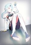  1girl absurdres ahoge arm_up bare_shoulders blue_hair blush braid closed_eyes closed_mouth clothing_cutout collarbone commentary elbow_gloves english_commentary feet flower_hairpin gloves hair_ornament hairclip highres knees_up long_hair mole mole_on_shoulder pachiki see-through_clothes seed_(zenless_zone_zero) side_cutout sitting smile solo suit thigh_cutout toeless_legwear toes white_gloves white_suit zenless_zone_zero 