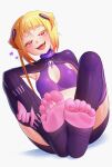  1girl :d absurdres bikini blonde_hair blush breasts bridal_gauntlets capella_emerada_lugunica cleavage_cutout clothing_cutout commentary fang fangs feet full_body hair_ornament half-closed_eyes head_tilt highres knees_apart_feet_together looking_at_viewer micro_shorts navel no_shoes open_mouth pietrosatou pink_eyes purple_bikini purple_shrug re:zero_kara_hajimeru_isekai_seikatsu red_eyes short_hair shorts shrug_(clothing) sitting small_breasts smile soles solo swimsuit thighhighs toe_scrunch toeless_legwear toenails toes tongue tongue_out underwear 