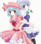  2000s_(style) 2girls apron ascot back-to-back black_thighhighs blue_dress blue_eyes blue_hair blush bow brooch brown_eyes closed_mouth commentary_request cowboy_shot dress frilled_apron frills green_bow grey_hair hair_bow hat izayoi_sakuya jewelry locked_arms looking_at_viewer mob_cap multiple_girls oka_yukayu pink_hat pink_shirt pink_skirt red_ascot remilia_scarlet shirt short_hair simple_background skirt skirt_set smile thighhighs touhou white_apron white_background 