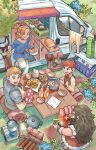  1girl 3boys armor backpack backpacking_stove bag beard blonde_hair blue_shirt bottle braid bread breasts brown_hair brown_vest calilo camping chilchuck_tims chopsticks clothesline cooking cooking_pot cooler cowlick drooling dungeon_meshi dwarf elf facial_hair firewood food furrowed_brow green_eyes hair_ribbon highres holding holding_chopsticks holding_plate laios_touden loaf_of_bread long_hair looking_at_another marcille_donato medium_breasts motor_vehicle mouth_drool multiple_boys mustache open_mouth outdoors pants plate pointy_ears portable_stove red_hair red_ribbon ribbon senshi_(dungeon_meshi) shirt short_hair shoulder_armor sleeping_bag smile staff swept_bangs sword table teapot tongue tongue_out van vest walking_mushroom_(dungeon_meshi) weapon white_pants white_shirt 