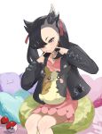  1girl black_collar black_hair black_jacket character_print closed_mouth collar commentary_request cushion ditto dress eyelashes fingersmile green_eyes hair_over_one_eye hair_ribbon hands_up highres jacket knees long_sleeves looking_down marnie_(pokemon) morpeko morpeko_(full) nia_(pixiv_113134271) on_lap open_clothes open_jacket pink_dress poke_ball poke_ball_(basic) pokemon pokemon_(creature) pokemon_on_lap pokemon_sword_and_shield red_ribbon ribbon sitting 
