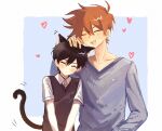  2boys animal_ears antenna_hair black_hair black_sweater_vest blue_sweater brown_hair cat_boy cat_ears cat_tail chinese_commentary closed_eyes closed_mouth collarbone collared_shirt commentary_request dark-skinned_male dark_skin double-parted_bangs ear_piercing hair_between_eyes heart hero_(faraway)_(omori) hero_(omori) highres kemonomimi_mode long_sleeves male_focus multiple_boys omori omorivv open_mouth piercing shirt short_sleeves sunny_(omori) sweater sweater_vest tail teeth tongue upper_teeth_only white_shirt 